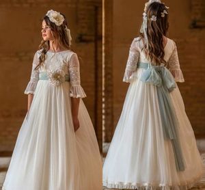 Vintage 3/4 a manica lunga boho flower Girl vestita una linea gioiello in pizzo in pizzo abito di compleanno di compleanno in chiffon bidone con fiocrino bc18546