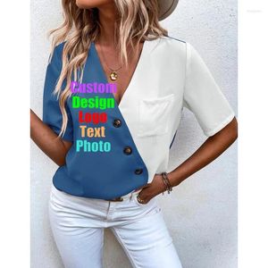 Damen T-Shirts 2024 Europa das US-amerikanische Sommer Chiffon V-Ausschnitt Casual Fashion Color Shortärmel Shirt Bluse Custom Logo