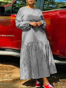 カジュアルドレスvondaエレガントな格子縞のドレス2024秋の女性サンドレスロングスリーブフリルマキシルーズヴィンテージベスティドス