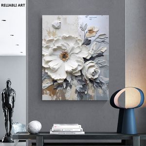 Floral Impasto Style Poster,Abstract White Flowers Canvas Painting,Print Wall Art Picture, Modern Living Room Decor Unframed