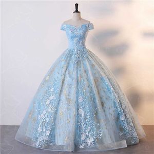 Womens Embroidered Appliques Strapless Off Shoulder Evening Dresses Light Blue Prom Quinceanera Dress