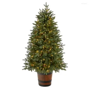 Decorative Flowers Prelit LED Fir Artificial Christmas Tree In Natural Wood Pot