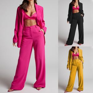 Charming and Elegant Women's Spring Classy and Stylish Long Sleeve High Waist Long Pants Two-piece Set Made with Polyester fabric