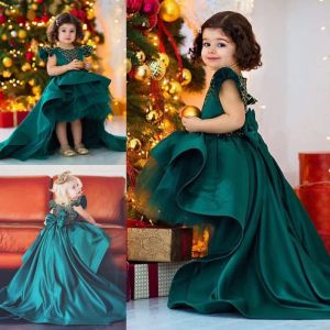 Dresses Dark Hunter Green High Low Flower Girl Dresses For Wedding Satin And Organza Girls Pageant Gowns Big Bow Sweep Train Flower Girl D