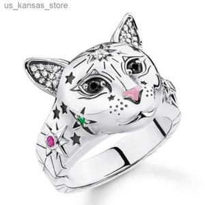 Küme halkaları gümüş kaplama sevimli kedi halkaları kadınlar için kristal zirkon oyma yıldız moda yaratıcı parmak yüzüğü kızlar parti hediyesi boho240408
