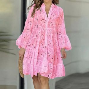 Womens Summer Vintage Lace Dress Loose Elegant Lady Style Stand Collar Puff Sleeve Stylish Aline Supply 240408