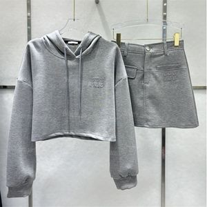 Luxuxry Cropped Hoodie Skirt Set Women Casual Daily Long Sleeve Sweatshirt Skirts Outfits Letters Hooded Gray Jumper Tops Short Dress Sets