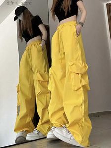 Women's Jeans Casual Cargo Pants Women Big Pocket Straight Drawstring Wide Leg Pant 2023 Summer High Waist Candy Color Strt Lady Trousers Y240408