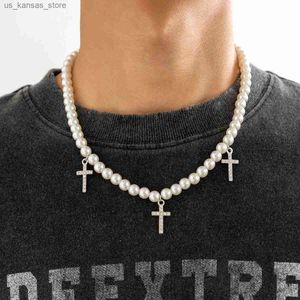 Pendant Necklaces Lacteo Trendy Imitation Pearl Beaded Choker for Men Full Rhinestone Cross Pendant Charm Necklace Jewelry Party Collar Boy Gifts7KJJ