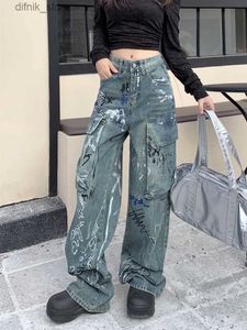 Women's Jeans 2023 Cyber Y2K Graffiti Print Old Blue Baggy Cargo Jeans Pants For Women Clothing Straight Wide Leg Lady Denim Trousers Grunge Y240408