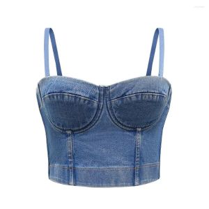 Jean toppar kvinnor tankar kvinnors denim bustier skörd topp jean korsett bh med avtagbara remmar kamisol tank väst icke-halk stål ring toppar