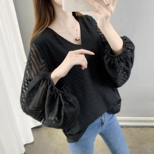 Toys elegante Vneck Color Solid Flare Blouse Roupas feminina 2023 Spring Novo pulôveres casuais Allmatch Office Lady Shirt