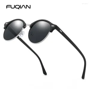 Óculos de sol Fuqian Classic Round Polarized Men Women Brand Designer Retro Half Frame Glasses Sun Glasses Vintage Drivagem Eyewear UV400