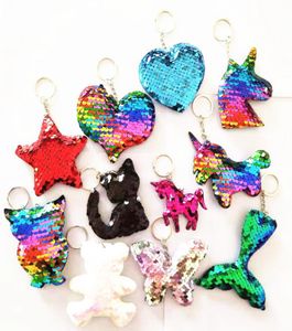 Reversible Pailletten Keychain Pailled Cartoon Key Ring Unicorn Cat Bear Star Herz Weihnachtsbaum Elch Ice Cream Hanging Charms Pend5983211