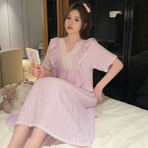 Plus Size sexy Lace Vneck Short Sleeve Cotton Nightgowns for Women Summer Korean Cute Sleepwear Night Dress Nightdress Nighty 240408