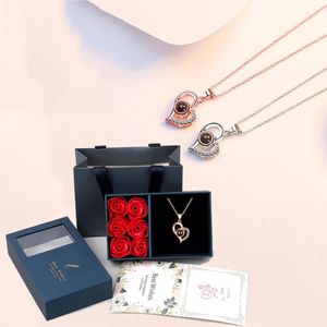 Chains 100 Languages I Love You Necklace With 6 Roses Luxury Gift Box For Girlfriend 2024 Valentine Present Fashion Romantic Jewelry