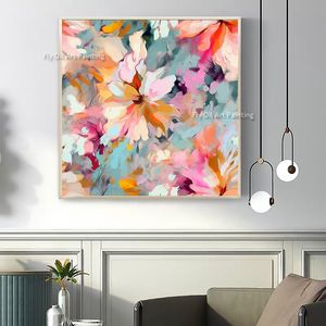 100% Hand Painted Pink Floral Oil Painting Abstract Colorful Flowers Canvas Painting Custom Painting For Living Room Home Decor