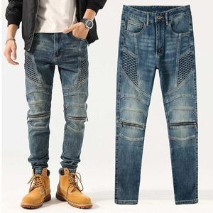 High Street Youth Blue gewaschene Denimhose Schlankes gerade Beinknie Reißverschluss Motorrad Biker Jeans Designer Man Plus Size