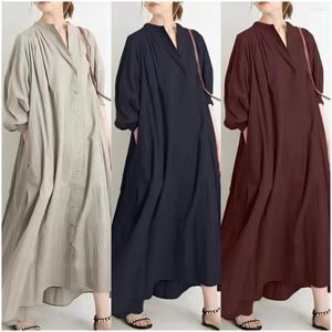 Casual Dresses Cotton And Linen Retro Standing Collar Large Hem Loose Fitting Women's Dress