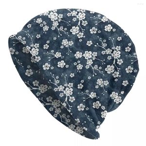 Baskar Navy och White Cherry Blossom Mönster Varma stickade Cap Fashion Bonnet Hat Autumn Winter Outdoor Beanies Hattar för män Kvinnor Vuxen