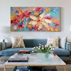 Pintura a óleo de flor colorida pintada à mão Pintura de parede grande abstrato abstrato branco canvas floral pintando buquê de flores Arte da parede moderna para decoração
