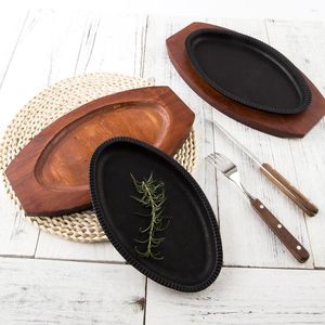 Storage Boxes Cast Iron Oval Shape Barbecue Plate Steak Sizzling Pan With Wooden Base