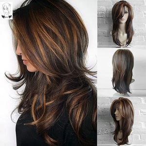 WHIMSICAL W Long Natural Wave s For Women Ombre Brown Mixed Color Heat Resistant Hair Synthetic 240327