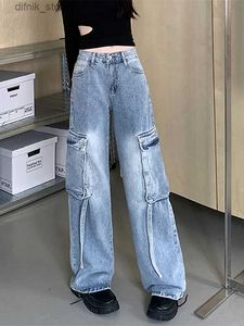 Women's Jeans 2023 Korean Y2K Fashion Strap Washed Blue Old Baggy Cargo Jeans Pants For Women Goth Clothes Straight Loose Lady Denim Trousers Y240408