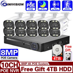 System 10ch 8MP Video Security Surveillance 4K Camera System Poe NVR Bullet Waterproof Audio Recorder Color Night Vision Gratis gåva 4TB