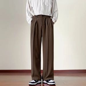 Brown Black Suit Pants Men Fashion Social Mens Dress Korean Loose Straight Wide Leg Office Formal Trousers 240403