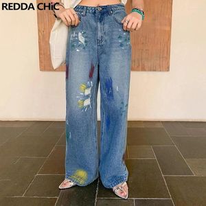 Women's Jeans REDDACHiC Aesthetics Graffiti Baggy For Women High Waist Straight Wide Leg Denim Pants Loose Female Trousers Y2k Vintage