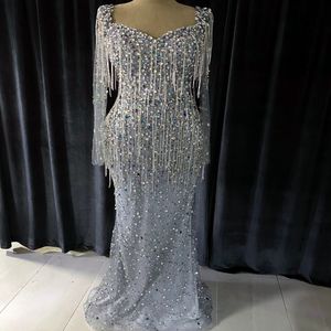 2024 ASO EBI Luxurious Silver Mermaid Prom Dress Beaded Crystals Evening Formal Party Second Reception 50th Birthday Engagement Gowns Dresses Robe de Soiree ZJ317