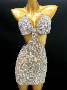 Gümüş Tam S Bikini Mini Elbise Seksi Şeffaf Örgü Bodysuit Doğum Günü Kutlama kıyafeti akşam dansı 240327