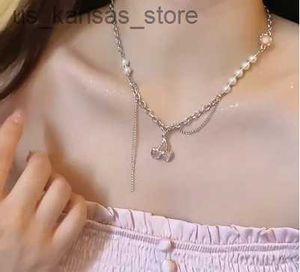 Pendant Necklaces Kpop Cherry Pink Crystal Pendant Necklace Long Tassels Pearl for Women Girls Party Jewelry Y2K Sweet Clavicle Chain Choker24040VHON