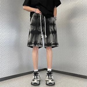 Mäns shorts amerikansk tie-dye elastisk midja denim överdimensionerad lös kausal rak ben mellan långa byxor män botten manliga kläder