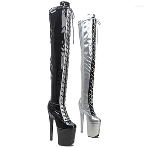 Dansskor leecabe 20cm/8inch pu övre svart med silver exotisk sexig modetrendplattform disco party hög klackar pol boot