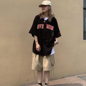 Vestidos de verão camisa de mulher de tamanho grande camisa de beisebol preto hip hop vintage 2021 meio curto manga hippie blusa masculino homem coreano estilo