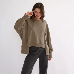 Oversized 100% Cotton Women Sweatshirts Long Sleeve Patchwork Open Side Streetwear Harajuku Pullovers Autumn Clothes For Women 240315