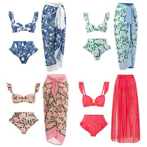 Fashion Womens Bikini Skirts Three Piece Sets Vintage Print Swimsuit Sets Summer Pool Hot Spring Swimming Suit