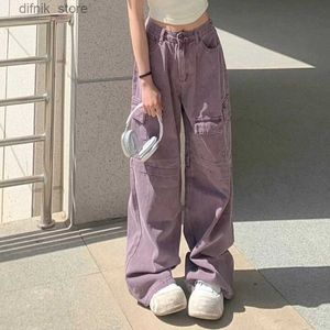 Women's Jeans Retro Loose Denim Womens Cargo Pants Purple Full Length Hip Hop Style Strt Dance Womens Pockets Y240408