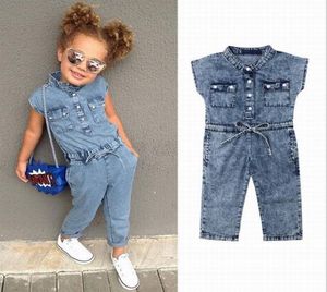 Baby flicka denim övergripande jeans barn byxor bow ärmlös mode jumpsuit baby kläder 26y e256731307488