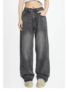 Jeans femminile americano retrò grigio scuro elastico donna pavimento di pantaloni sciolti cilindri invernali dritti