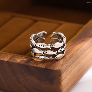 Klusterringar 925 sterling silver för kvinnor enkel minimalistisk retro fisk öppen fingerring mode band kvinnlig bijoux gåva