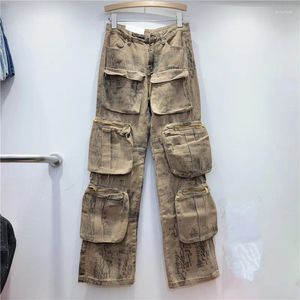 Kvinnors jeans 2024 Spring Autumn Design Sense Pocket Wide Leg Camouflage Loose Slim Working Pants Women LX185