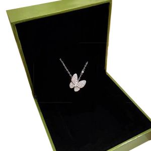 Necklace Designer Jewelry Two Butterfly Pendant Necklaces for Women Rose Gold Diamond Red Bule White Shell Stainless Steel Platinum Wedding Gift Wholesale