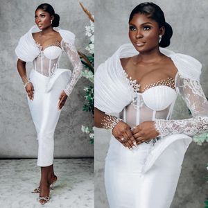 Aso Ebi Mermaid Wedding Dress for Bride Short Illusion Bridal Gowns Beaded Lace Long Sleeves Wedding Gowns for African Nigeria Black Women Girls D190