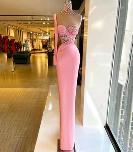 Elegant Pink Mermaid Evening Dresses One Shoulder High Neck Flowers Prom Gowns Satin Pleat Second Reception Dress Customise9265533