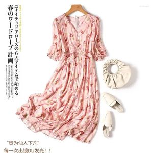 Casual Dresses Limiguyue Summer Soft Silk Floral Print 3/4 Sleeve Diamond Button Elegant A-Line French Chiffon Vestidos Z012