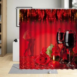 Shower Curtains Romantic Valentine's Day Curtain Couples Red Rose Flower Wine Glass Butterfly Piano Keys Home Bathroom Waterproof Fabric