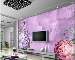 Bakgrundsbilder 3D -tapeter för rum Pion Peony Flower Purple Mural TV Bakgrund